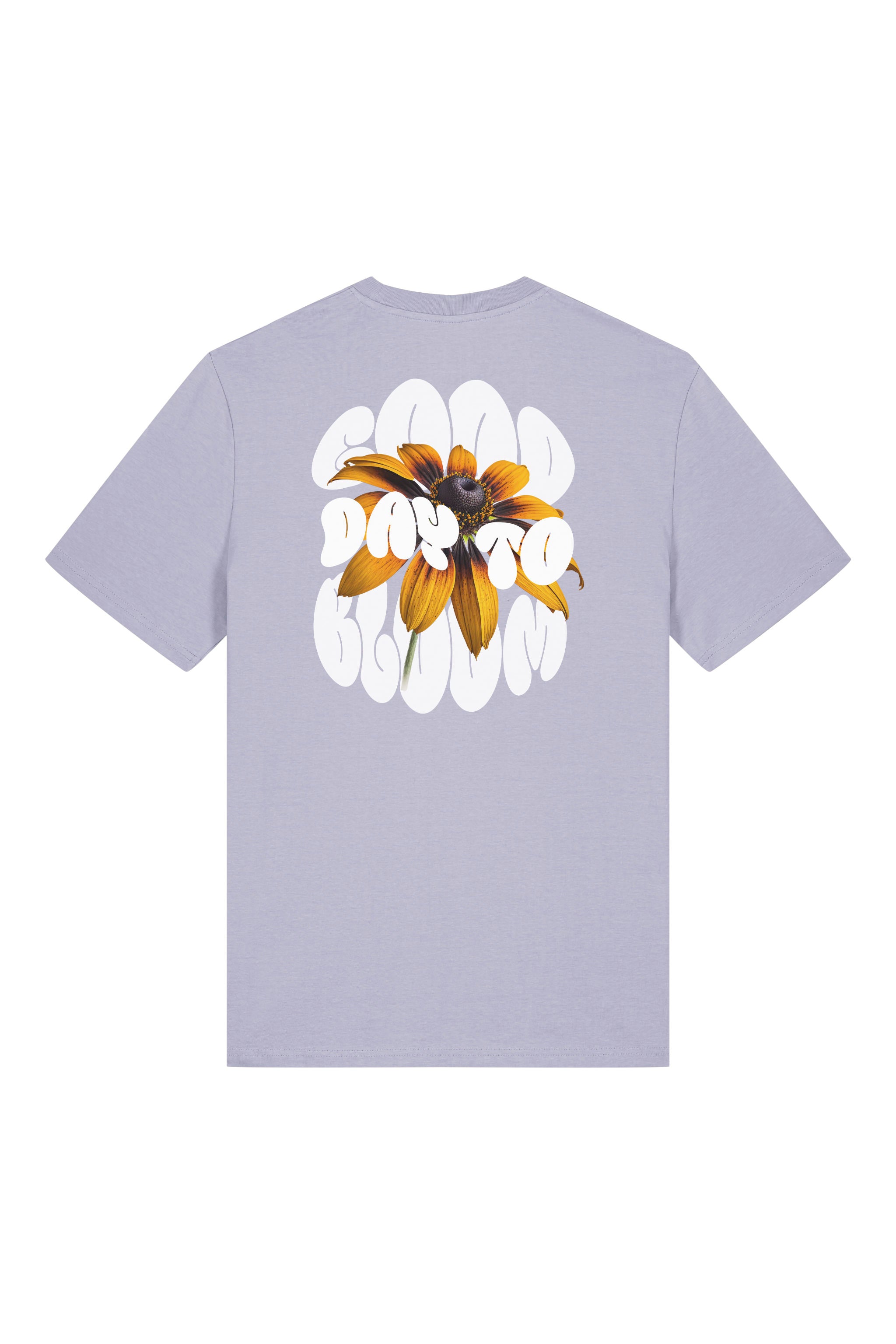 T-Shirt aus 100 % Bio-Baumwolle mit normaler Passform, erhältlich in verschiedenen Farben wie Blue Soul, Cotton Pink, Lavender, Aloe, Weiss und Schwarz. Individuell bedruckbar mit Wunschmotiv. Weiches, angenehm leichtes Material für hohen Tragekomfort. Ideal für einen zeitgemässen, entspannten Look. Vorderseite: Kleiner „Anway“-Schriftzug auf der linken Brust. Rückseite: Grosses Design mit Sonnenblume und Text „GOOD DAY TO BLOOM“.