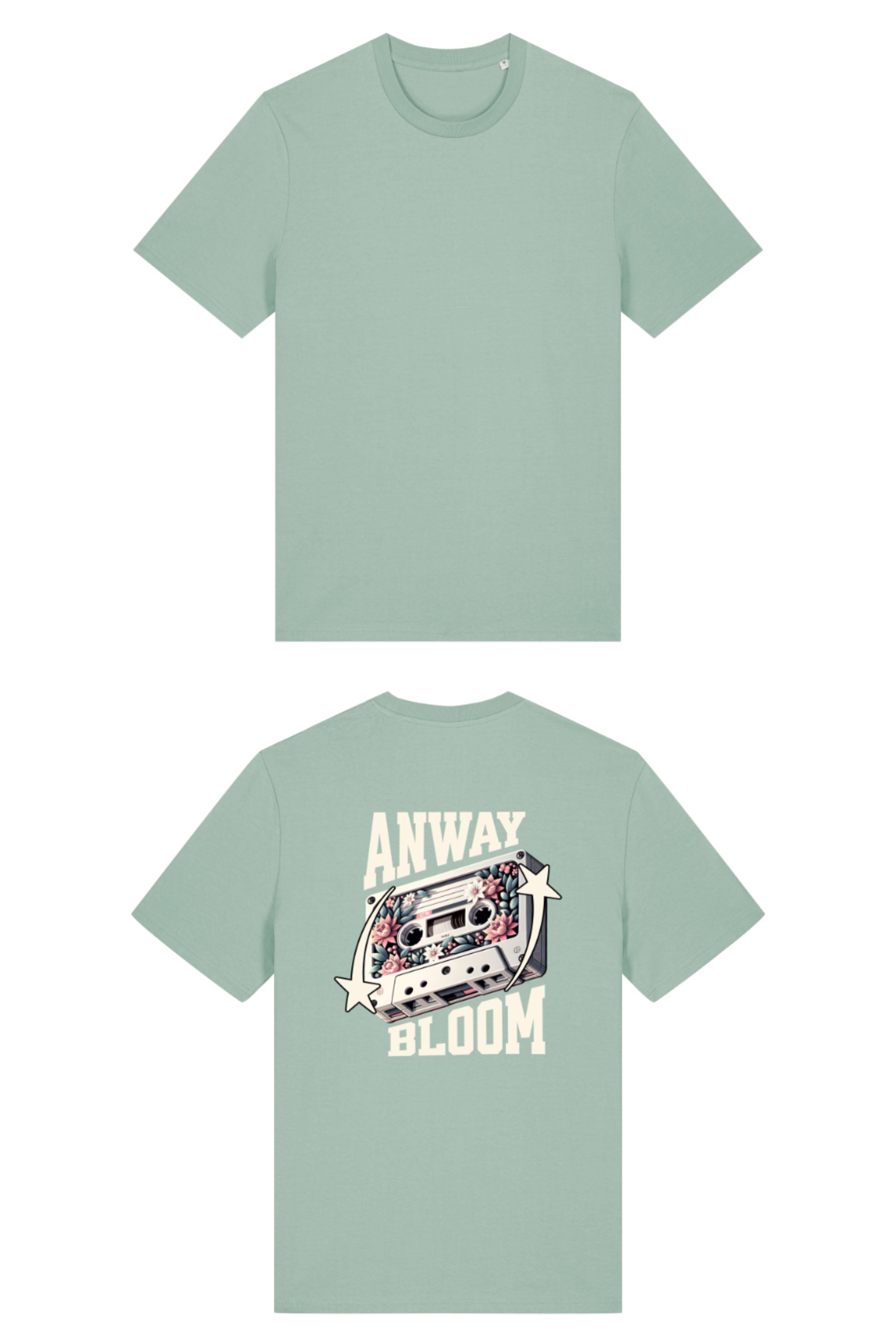 T-Shirt aus 100 % Bio-Baumwolle mit normaler Passform, erhältlich in verschiedenen Farben wie Blue Soul, Cotton Pink, Lavender, Aloe, Weiss und Schwarz. Individuell bedruckbar mit Wunschmotiv. Weiches, angenehm leichtes Material für hohen Tragekomfort. Ideal für einen zeitgemässen, entspannten Look. Als Motiv auf der Rückseite eine Kassette, dekoriert mit Blumen, eingerahmt von Sternen – Text „ANWAY BLOOM“.