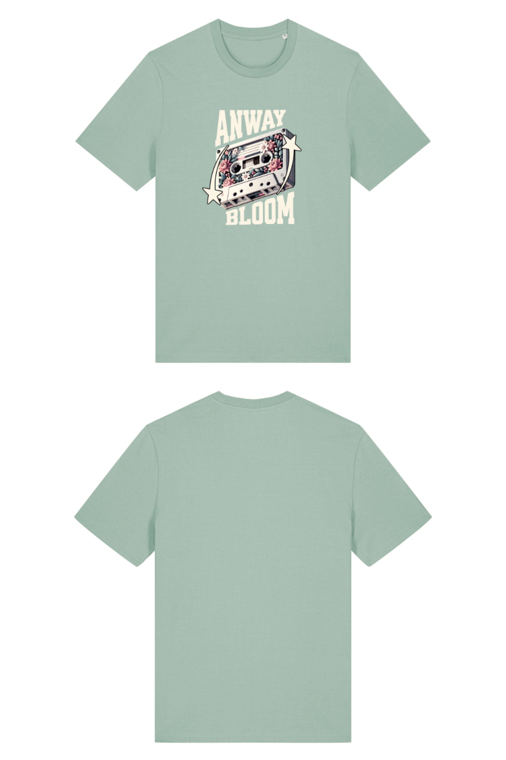 T-Shirt aus 100 % Bio-Baumwolle mit normaler Passform, erhältlich in verschiedenen Farben wie Blue Soul, Cotton Pink, Lavender, Aloe, Weiss und Schwarz. Individuell bedruckbar mit Wunschmotiv. Weiches, angenehm leichtes Material für hohen Tragekomfort. Ideal für einen zeitgemässen, entspannten Look. Als Motiv auf der Vorderseite eine Kassette, dekoriert mit Blumen, eingerahmt von Sternen – Text „ANWAY BLOOM“.