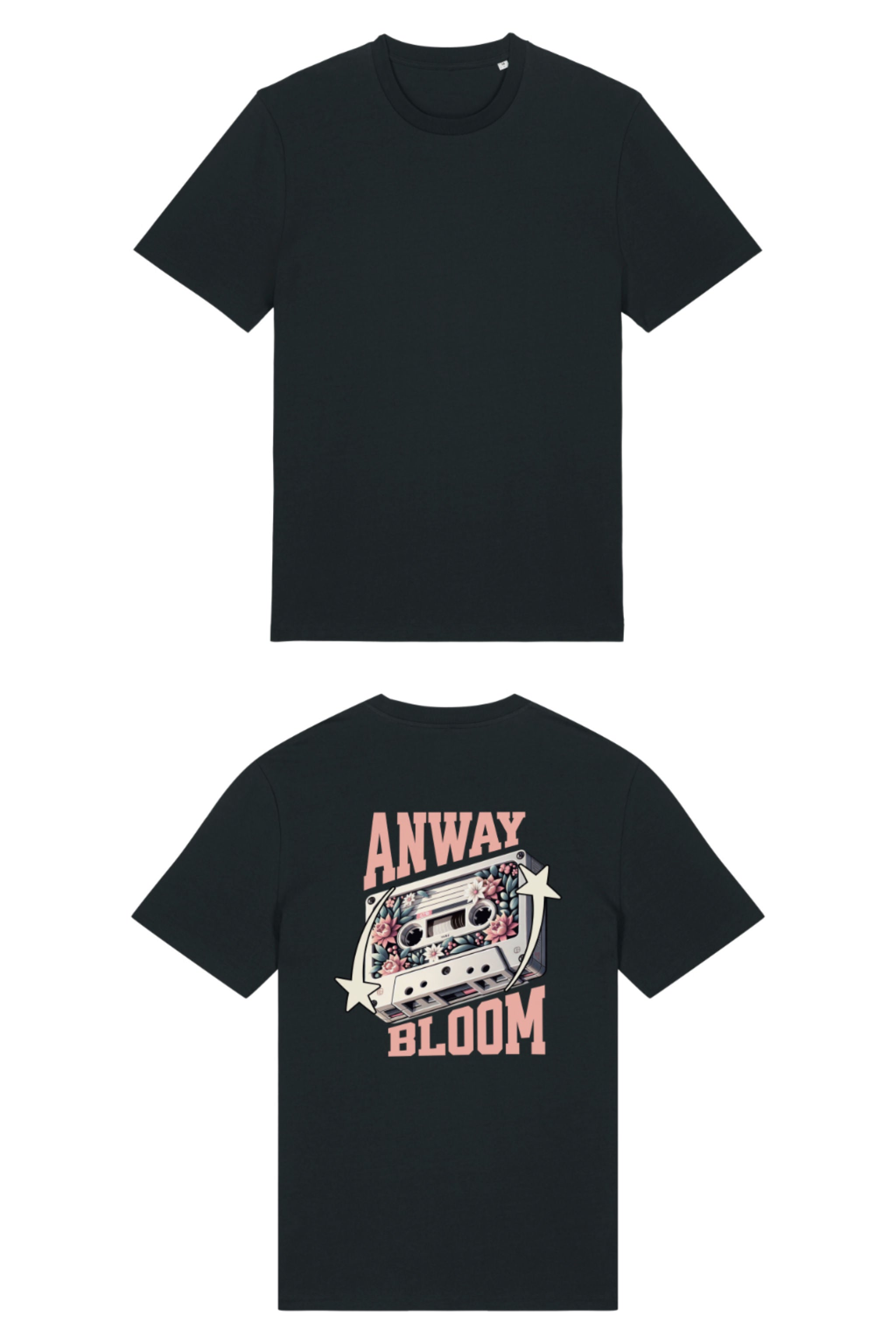 T-Shirt aus 100 % Bio-Baumwolle mit normaler Passform, erhältlich in verschiedenen Farben wie Blue Soul, Cotton Pink, Lavender, Aloe, Weiss und Schwarz. Individuell bedruckbar mit Wunschmotiv. Weiches, angenehm leichtes Material für hohen Tragekomfort. Ideal für einen zeitgemässen, entspannten Look. Als Motiv auf der Rückseite eine Kassette, dekoriert mit Blumen, eingerahmt von Sternen – Text „ANWAY BLOOM“.