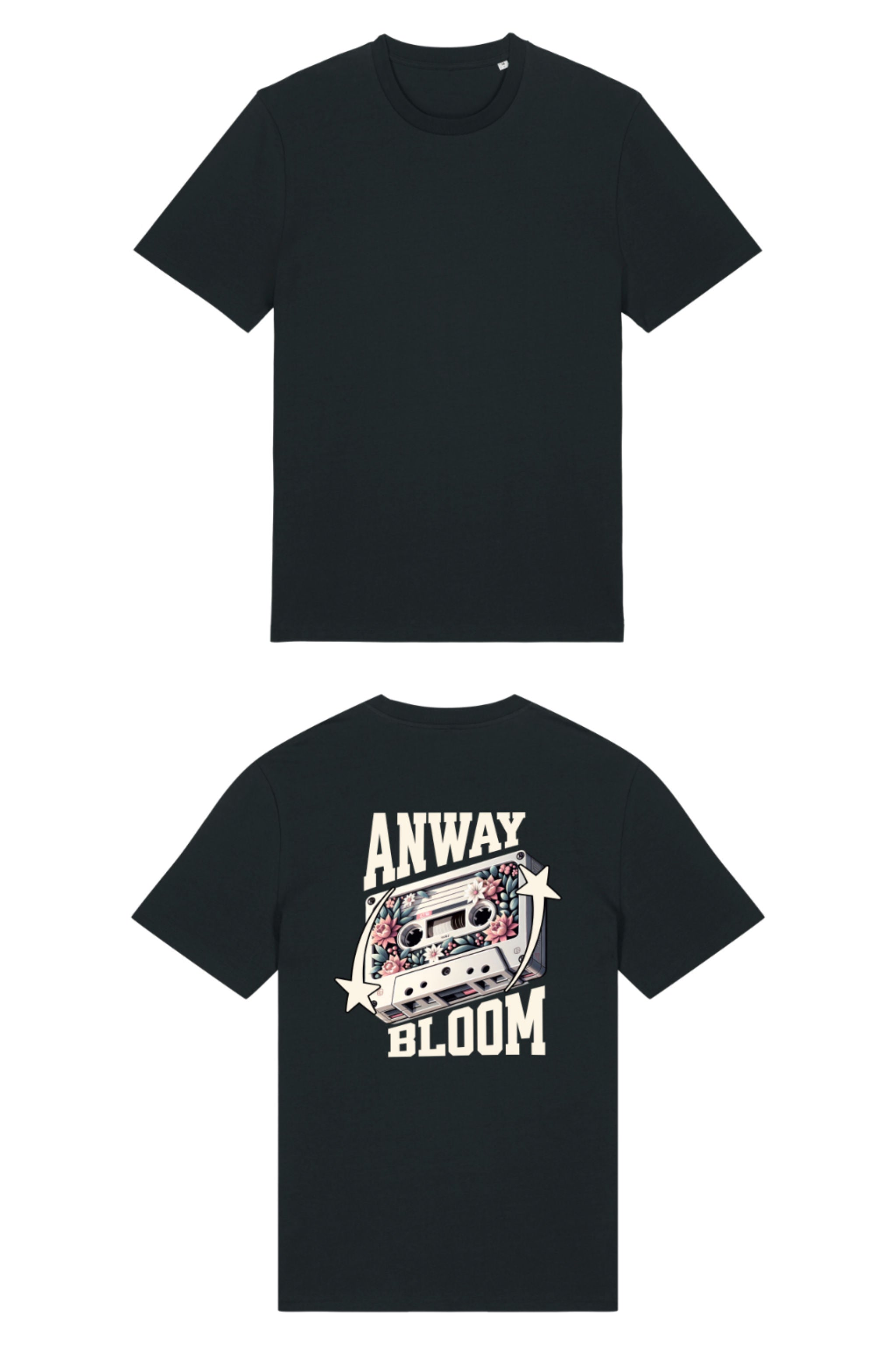 T-Shirt aus 100 % Bio-Baumwolle mit normaler Passform, erhältlich in verschiedenen Farben wie Blue Soul, Cotton Pink, Lavender, Aloe, Weiss und Schwarz. Individuell bedruckbar mit Wunschmotiv. Weiches, angenehm leichtes Material für hohen Tragekomfort. Ideal für einen zeitgemässen, entspannten Look. Als Motiv auf der Rückseite eine Kassette, dekoriert mit Blumen, eingerahmt von Sternen – Text „ANWAY BLOOM“.