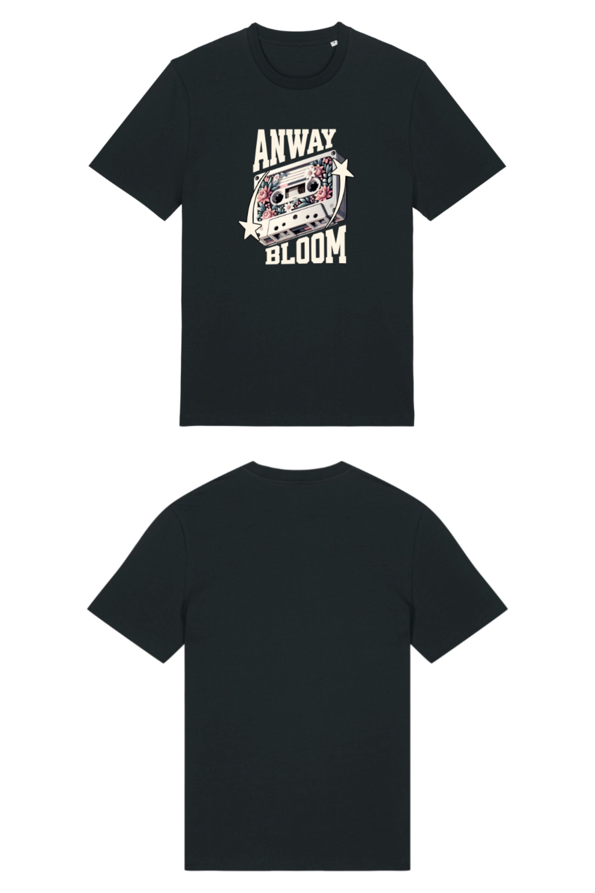 T-Shirt aus 100 % Bio-Baumwolle mit normaler Passform, erhältlich in verschiedenen Farben wie Blue Soul, Cotton Pink, Lavender, Aloe, Weiss und Schwarz. Individuell bedruckbar mit Wunschmotiv. Weiches, angenehm leichtes Material für hohen Tragekomfort. Ideal für einen zeitgemässen, entspannten Look. Als Motiv auf der Vorderseite eine Kassette, dekoriert mit Blumen, eingerahmt von Sternen – Text „ANWAY BLOOM“.