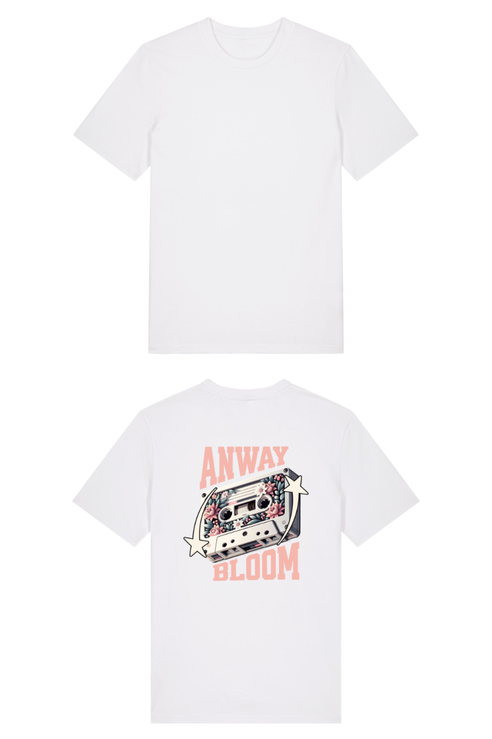 T-Shirt aus 100 % Bio-Baumwolle mit normaler Passform, erhältlich in verschiedenen Farben wie Blue Soul, Cotton Pink, Lavender, Aloe, Weiss und Schwarz. Individuell bedruckbar mit Wunschmotiv. Weiches, angenehm leichtes Material für hohen Tragekomfort. Ideal für einen zeitgemässen, entspannten Look. Als Motiv auf der Rückseite eine Kassette, dekoriert mit Blumen, eingerahmt von Sternen – Text „ANWAY BLOOM“.