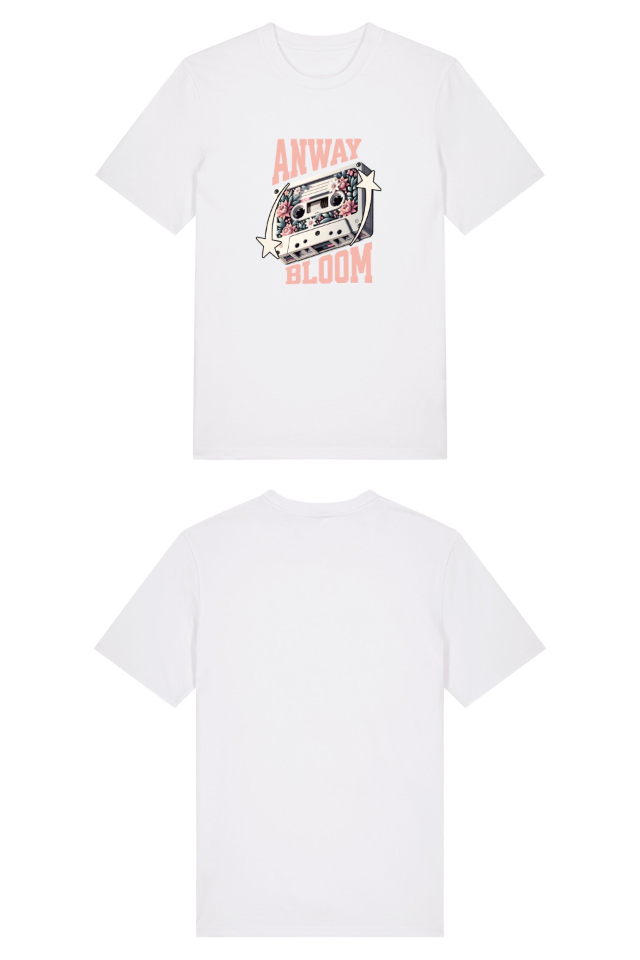 T-Shirt aus 100 % Bio-Baumwolle mit normaler Passform, erhältlich in verschiedenen Farben wie Blue Soul, Cotton Pink, Lavender, Aloe, Weiss und Schwarz. Individuell bedruckbar mit Wunschmotiv. Weiches, angenehm leichtes Material für hohen Tragekomfort. Ideal für einen zeitgemässen, entspannten Look. Als Motiv auf der Vorderseite eine Kassette, dekoriert mit Blumen, eingerahmt von Sternen – Text „ANWAY BLOOM“.