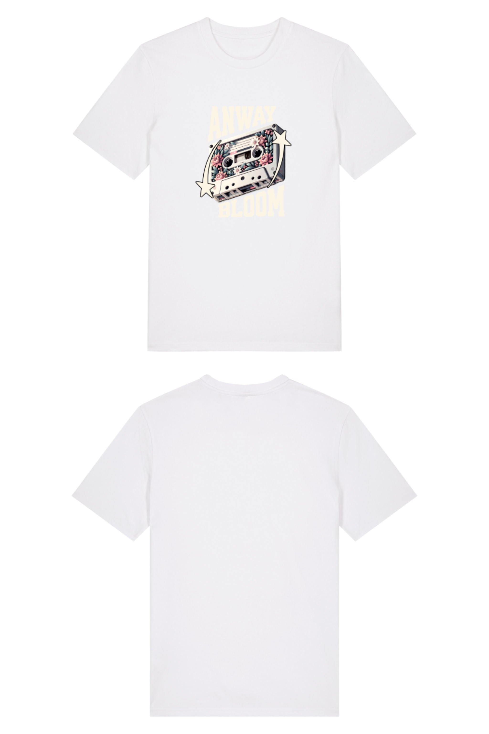 T-Shirt aus 100 % Bio-Baumwolle mit normaler Passform, erhältlich in verschiedenen Farben wie Blue Soul, Cotton Pink, Lavender, Aloe, Weiss und Schwarz. Individuell bedruckbar mit Wunschmotiv. Weiches, angenehm leichtes Material für hohen Tragekomfort. Ideal für einen zeitgemässen, entspannten Look. Als Motiv auf der Vorderseite eine Kassette, dekoriert mit Blumen, eingerahmt von Sternen – Text „ANWAY BLOOM“.