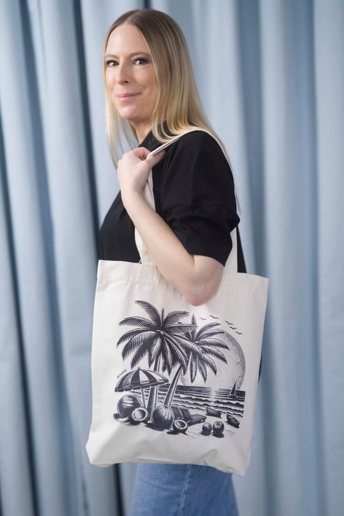 Tote Bag natural raw Tasche natur Print schwarz Strand Palmen Sonne