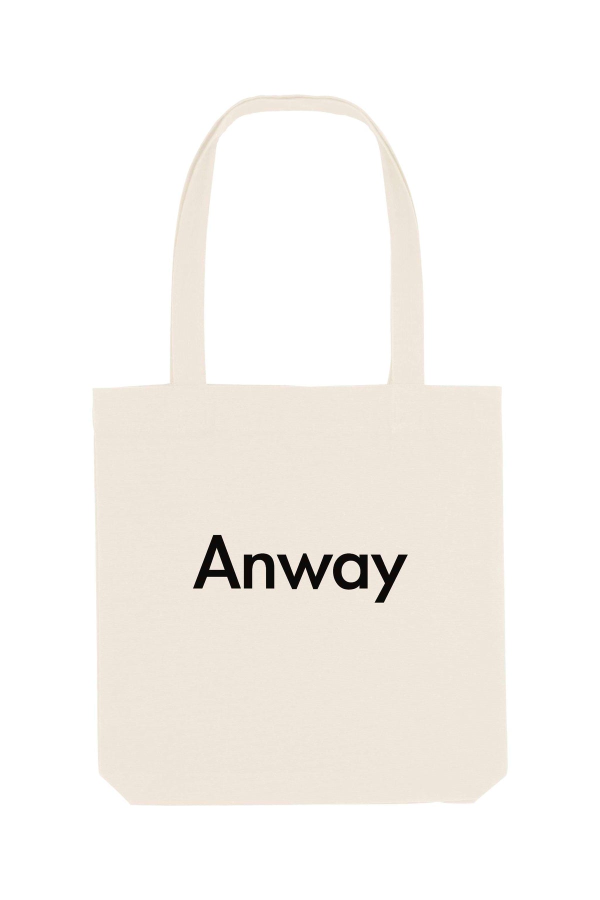 Nachhaltige Tote Bag mit ANWAY-Schriftzug – grosse Stofftasche aus 80% recycelter Baumwolle und 20% recyceltem Polyester, mit langen Henkeln und modernem Schnitt in Black oder Natural Raw.
