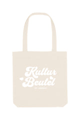 Naturfarbene Tote Bag mit schwarzem oder rosa Retro-Schriftzug „Kultur Beutel BY ANWAY“, grosse Stofftasche aus 80% recycelter Baumwolle und 20% recyceltem Polyester, mit langen Henkeln und robustem Schnitt – ideal als stylischer Alltagsbegleiter.