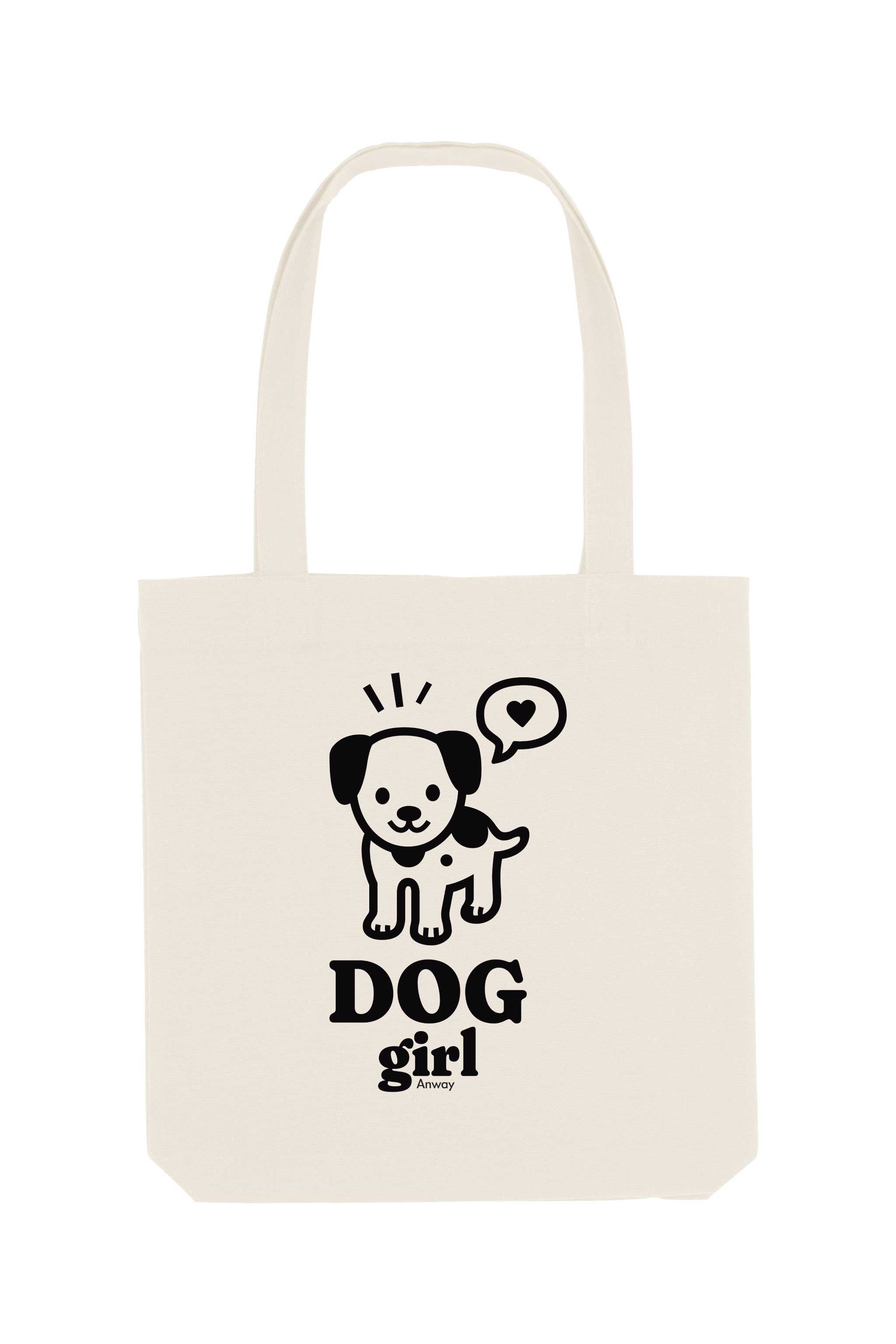 Naturfarbene Tote Bag mit schwarzem Motiv „DOG girl“ – süsser gezeichneter Hund mit Herz-Sprechblase – ideal für Hundefans, grosse Stofftasche aus 80% recycelter Baumwolle und 20% recyceltem Polyester.