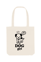 Naturfarbene Tote Bag mit schwarzem Motiv „DOG girl“ – süsser gezeichneter Hund mit Herz-Sprechblase – ideal für Hundefans, grosse Stofftasche aus 80% recycelter Baumwolle und 20% recyceltem Polyester.