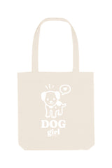 Naturfarbene Tote Bag mit weissem Motiv „DOG girl“ – süsser gezeichneter Hund mit Herz-Sprechblase – ideal für Hundefans, grosse Stofftasche aus 80% recycelter Baumwolle und 20% recyceltem Polyester.
