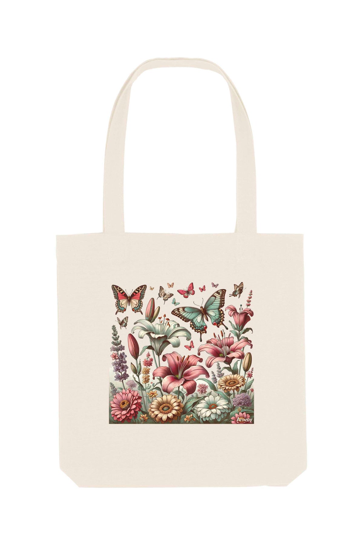 Naturfarbene Tote Bag mit farbiger Blumenwiese und Schmetterlingen – stilvoller, nachhaltiger Stoffbeutel aus 80% recycelter Baumwolle und 20% recyceltem Polyester, mit robusten Nähten und langen Henkeln.