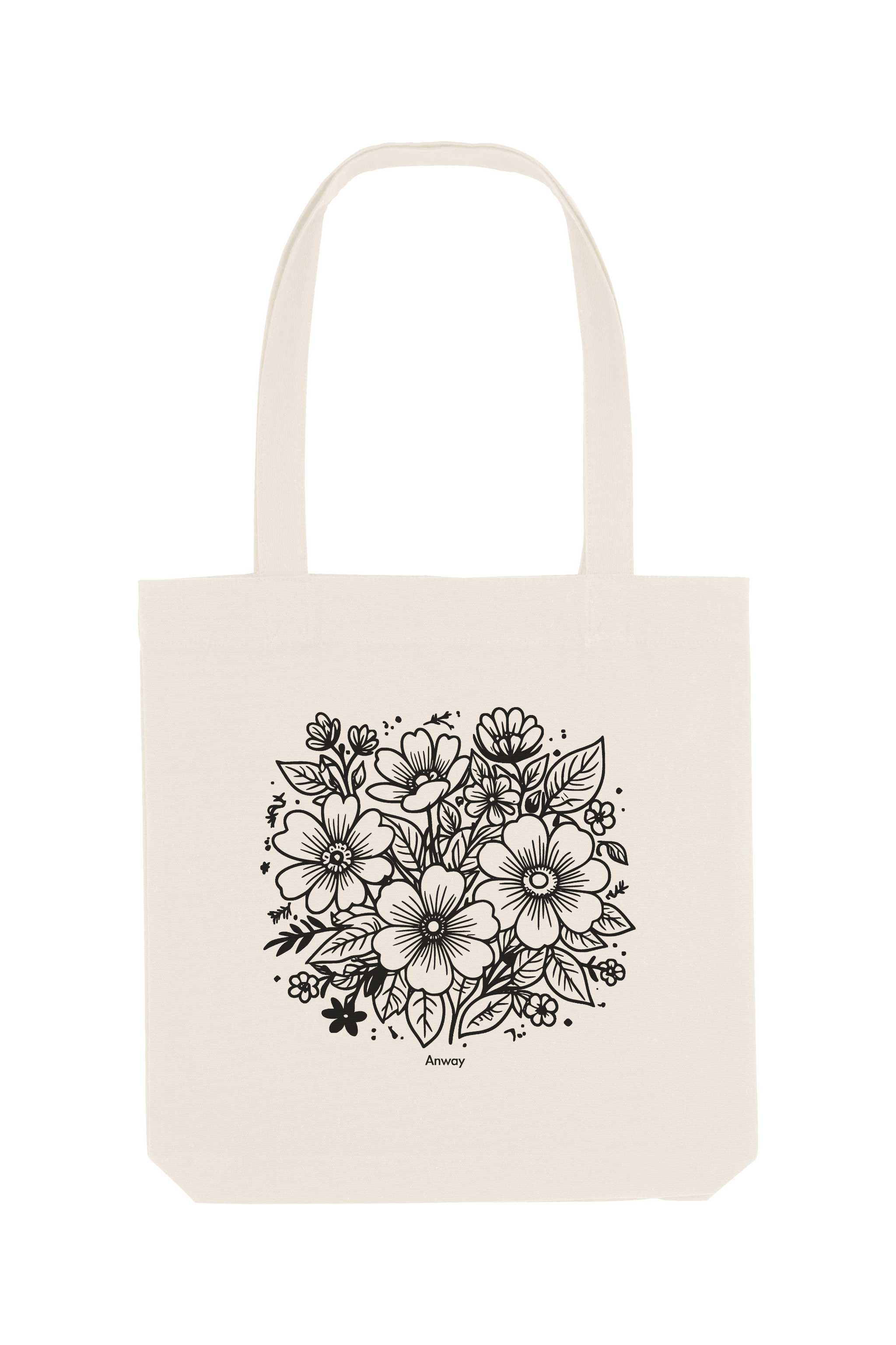 Naturfarbener Tote Bag mit schwarzem floralen Lineart-Motiv und kleinem „Anway“-Schriftzug – nachhaltige Tasche aus 80% recycelter Baumwolle und 20% recyceltem Polyester mit langen Henkeln und geräumigem Schnitt.