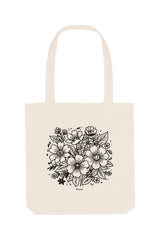 Naturfarbener Tote Bag mit schwarzem floralen Lineart-Motiv und kleinem „Anway“-Schriftzug – nachhaltige Tasche aus 80% recycelter Baumwolle und 20% recyceltem Polyester mit langen Henkeln und geräumigem Schnitt.