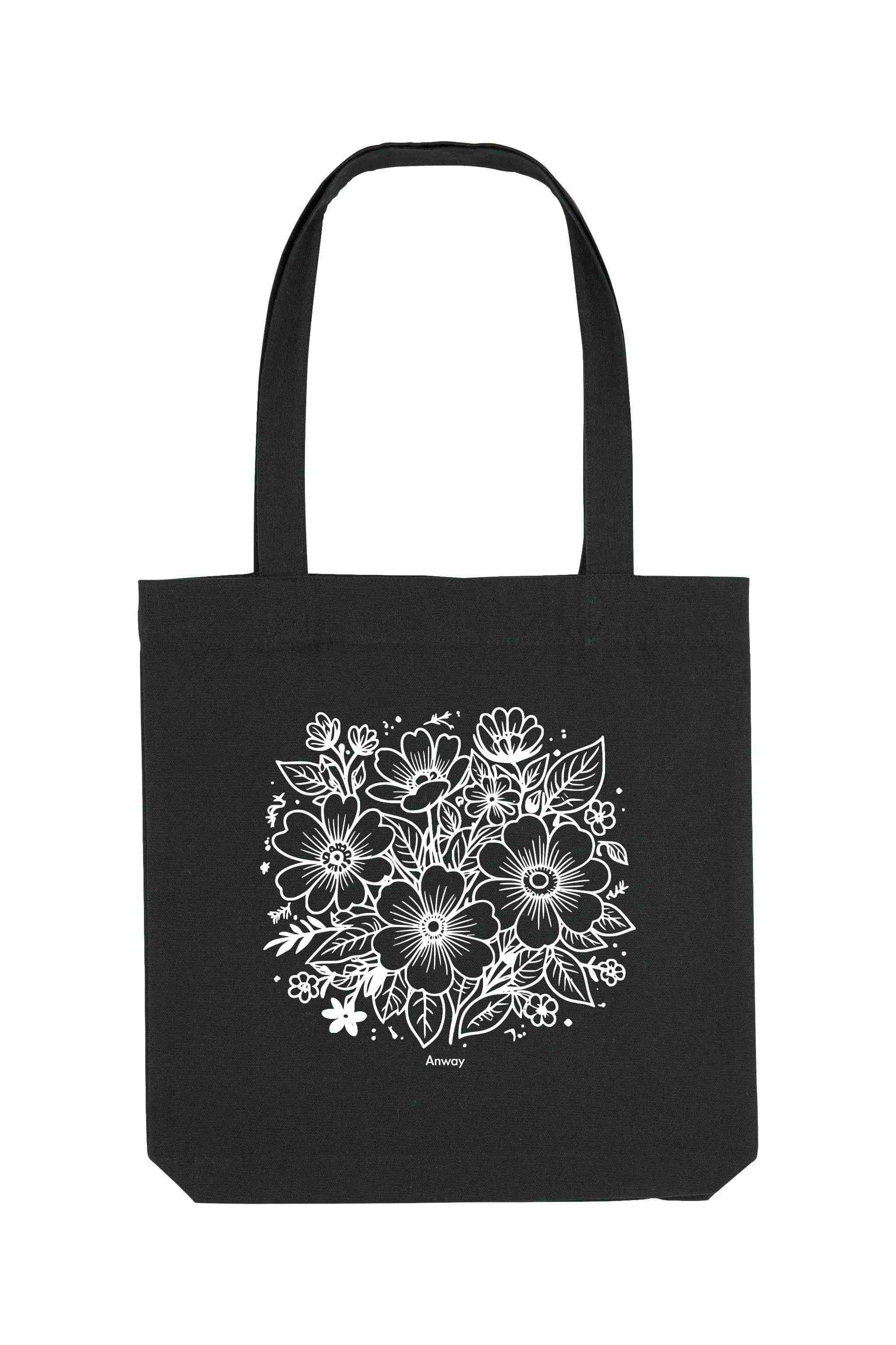 Schwarze Tote Bag mit weissem floralen Lineart-Motiv und kleinem „Anway“-Schriftzug – nachhaltige Tasche aus 80% recycelter Baumwolle und 20% recyceltem Polyester mit langen Henkeln und geräumigem Schnitt.