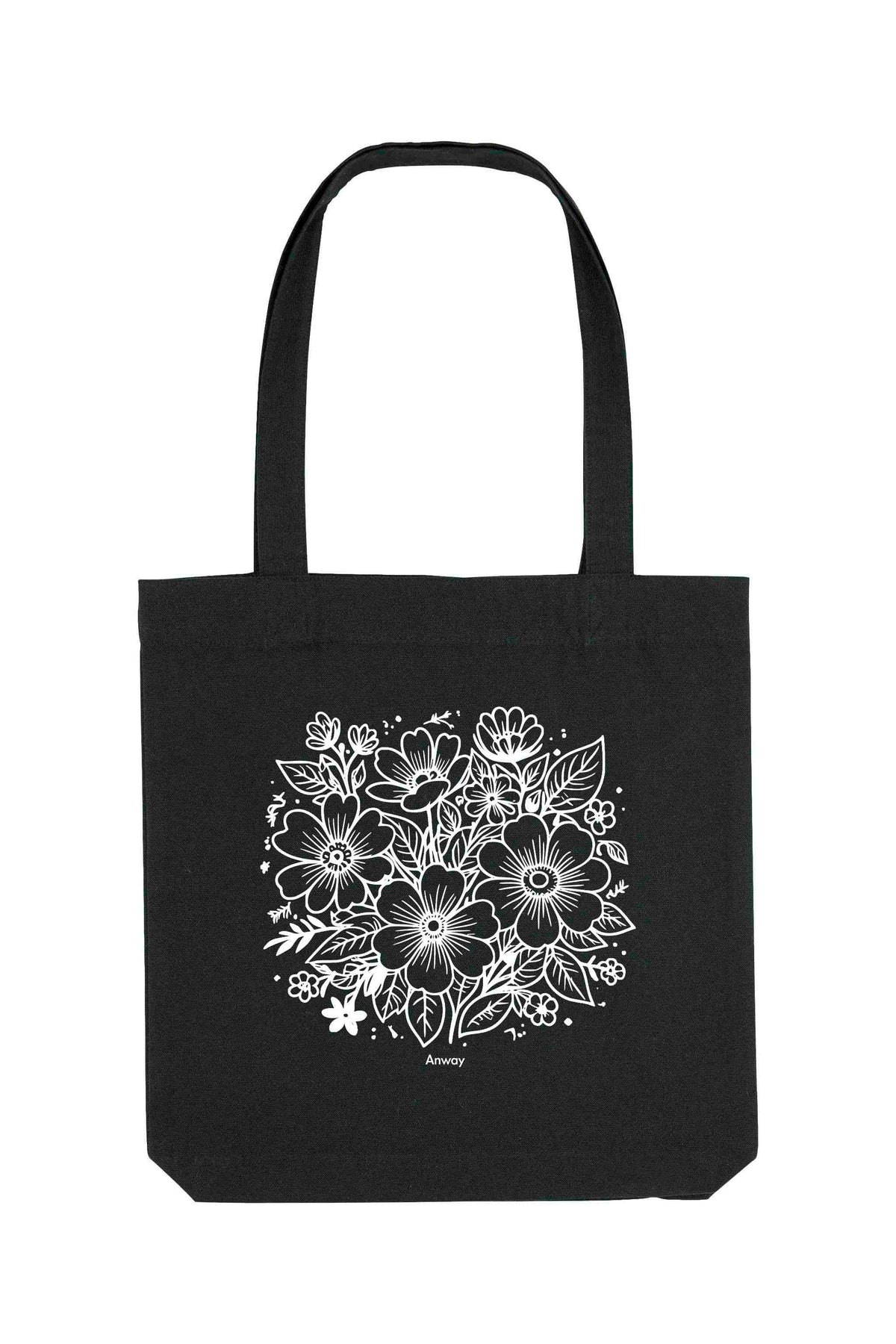 Schwarze Tote Bag mit weissem floralen Lineart-Motiv und kleinem „Anway“-Schriftzug – nachhaltige Tasche aus 80% recycelter Baumwolle und 20% recyceltem Polyester mit langen Henkeln und geräumigem Schnitt.