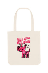 Naturfarbene Tote Bag mit pink-rotem, handgezeichnetem Hundemotiv und dem Schriftzug „LIFE IS BETTER WITH ANWAY“ – nachhaltige Stofftasche mit langen Henkeln, ideal für den Alltag.