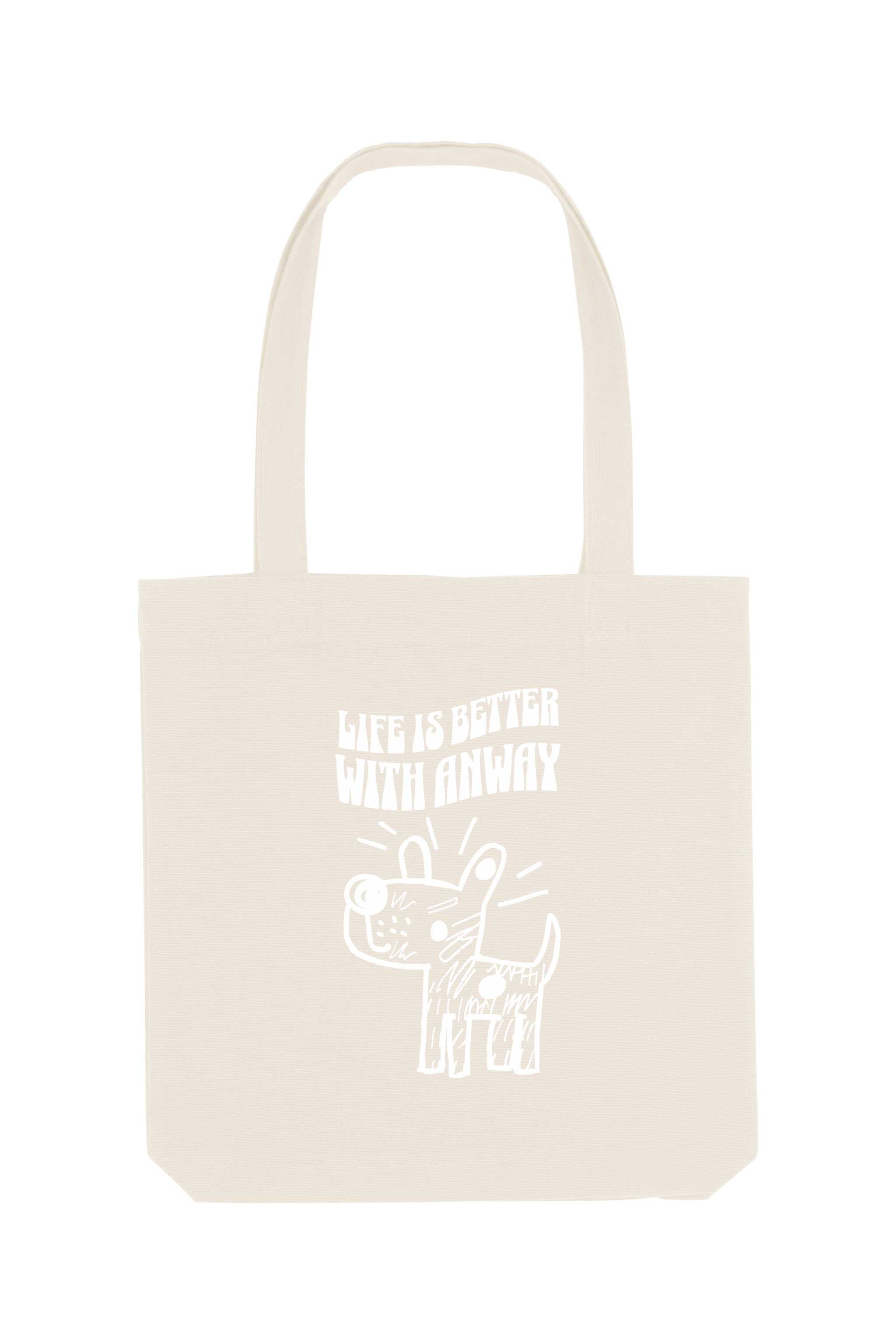 Naturfarbene Tote Bag mit weissem, handgezeichnetem Hundemotiv und dem Schriftzug „LIFE IS BETTER WITH ANWAY“ – nachhaltige Stofftasche mit langen Henkeln, ideal für den Alltag.