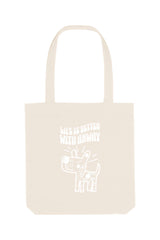 Naturfarbene Tote Bag mit weissem, handgezeichnetem Hundemotiv und dem Schriftzug „LIFE IS BETTER WITH ANWAY“ – nachhaltige Stofftasche mit langen Henkeln, ideal für den Alltag.