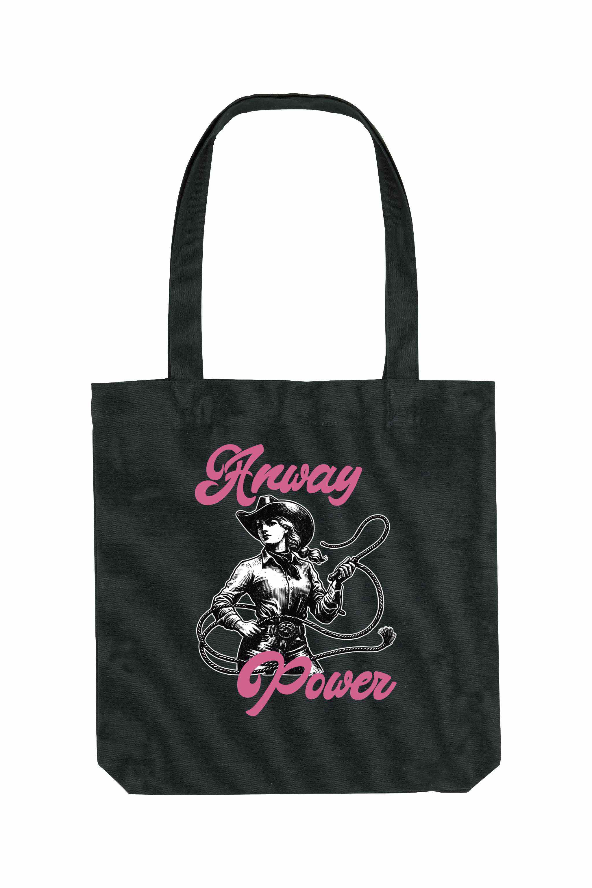 Schwarze Tote Bag mit starkem Retro-Cowgirl-Motiv in Schwarz-Weiss und pinkem Schriftzug „Anway Power“ – eine stylische Stofftasche mit femininer Energie und Statement-Charakter.