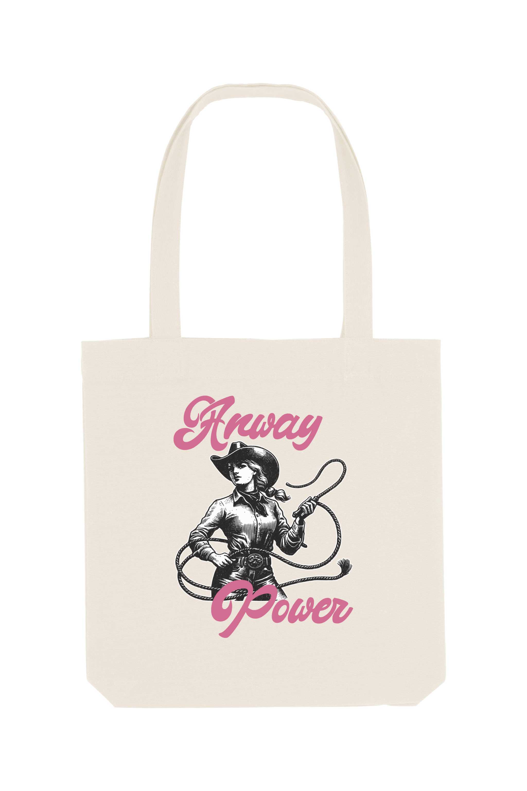 Naturfarbene Tote Bag mit starkem Retro-Cowgirl-Motiv in Schwarz-Weiss und pinkem Schriftzug „Anway Power“ – eine stylische Stofftasche mit femininer Energie und Statement-Charakter.