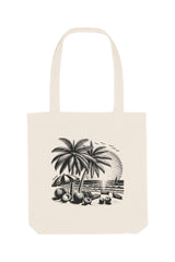 Naturfarbene Tote Bag mit schwarzem Sommermotiv: Palmen, Kokosnüsse, Sonnenschirm und Strand bei Sonnenuntergang – eine stilvolle Strandtasche mit tropischem Flair und Retro-Illustration.