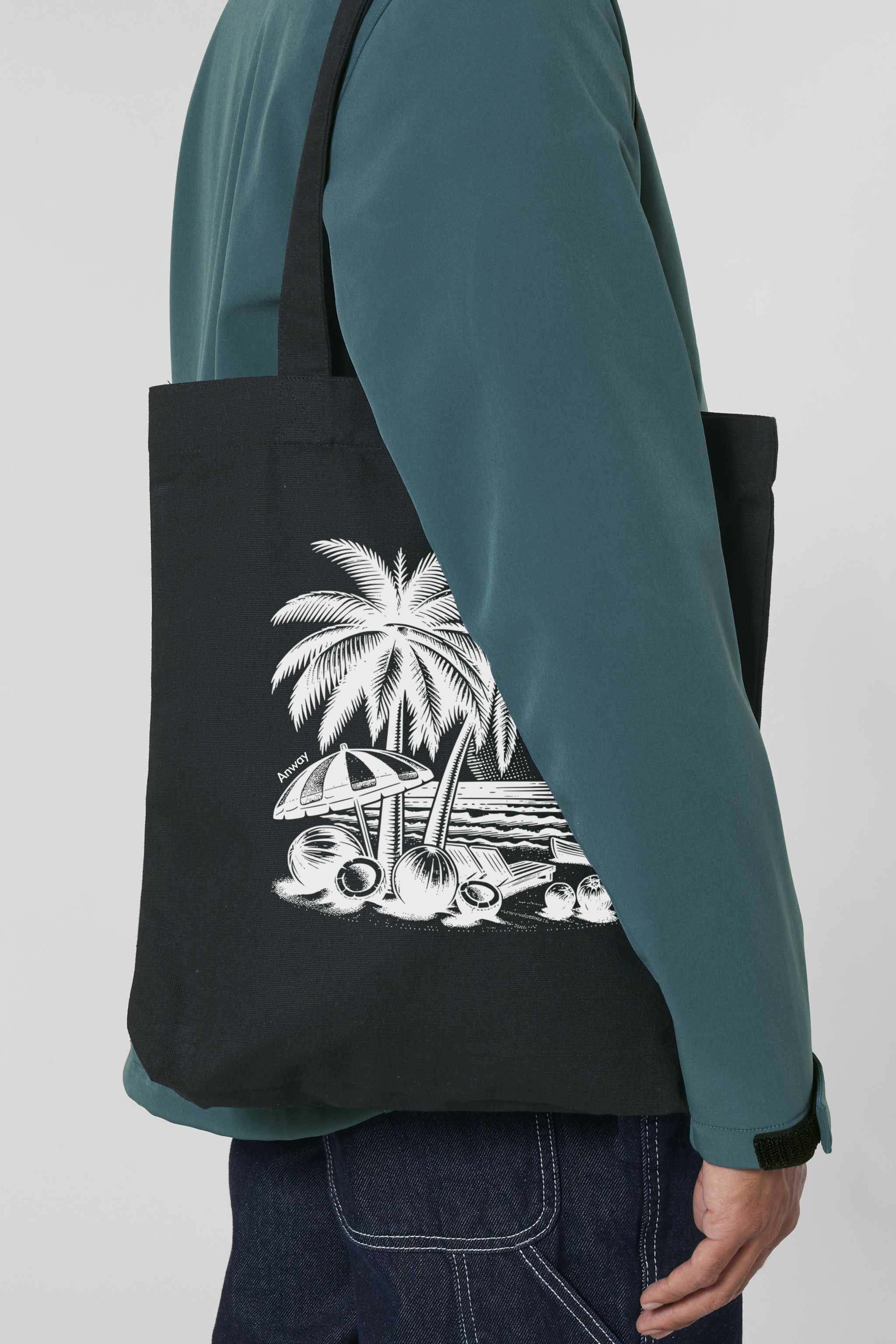 Schwarze Tote Bag mit weissem Sommermotiv: Palmen, Kokosnüsse, Sonnenschirm und Strand bei Sonnenuntergang – eine stilvolle Strandtasche mit tropischem Flair und Retro-Illustration.