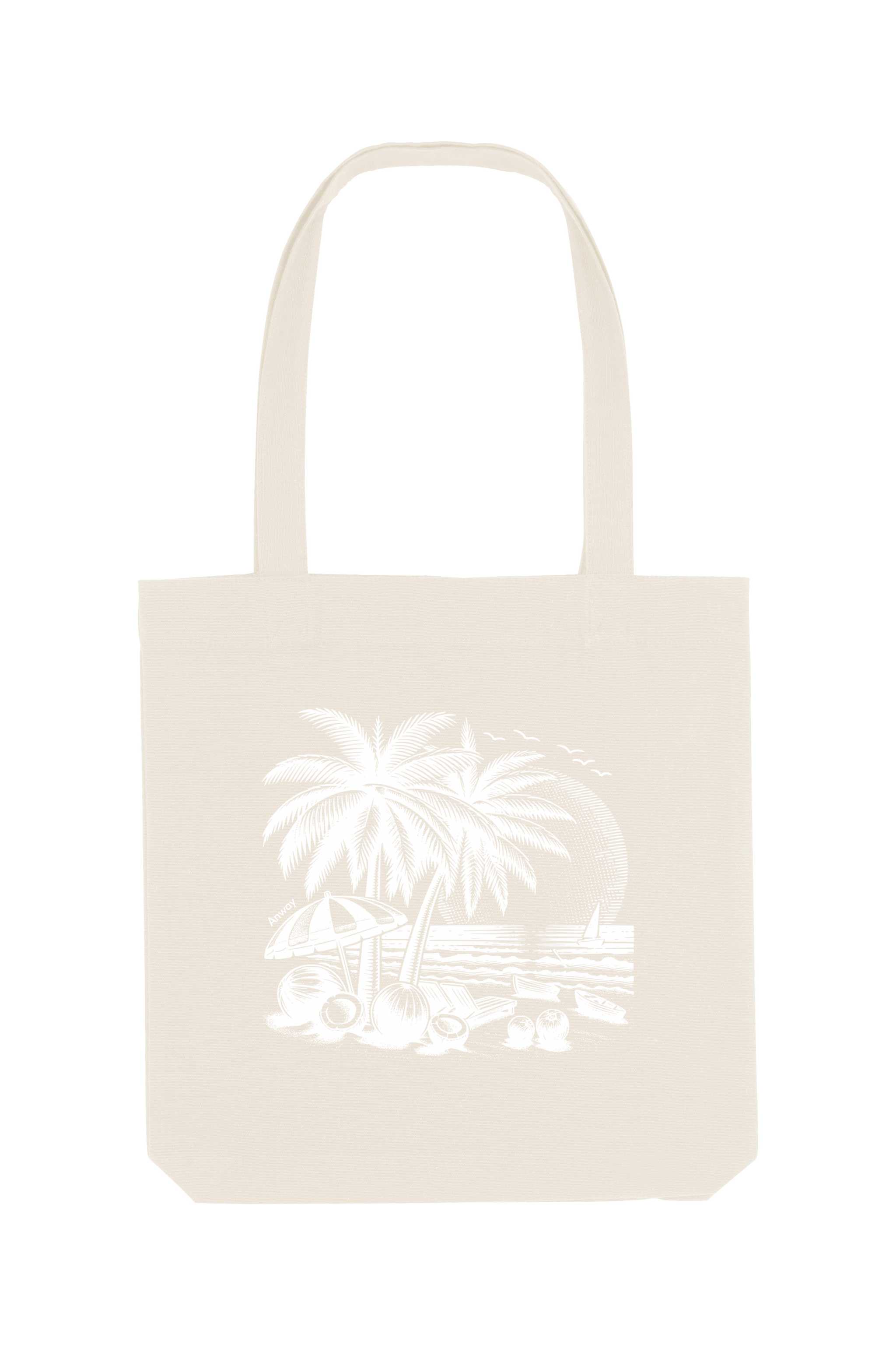 Naturfarbene Tote Bag mit weissem Sommermotiv: Palmen, Kokosnüsse, Sonnenschirm und Strand bei Sonnenuntergang – eine stilvolle Strandtasche mit tropischem Flair und Retro-Illustration.