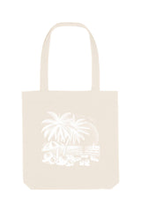 Naturfarbene Tote Bag mit weissem Sommermotiv: Palmen, Kokosnüsse, Sonnenschirm und Strand bei Sonnenuntergang – eine stilvolle Strandtasche mit tropischem Flair und Retro-Illustration.