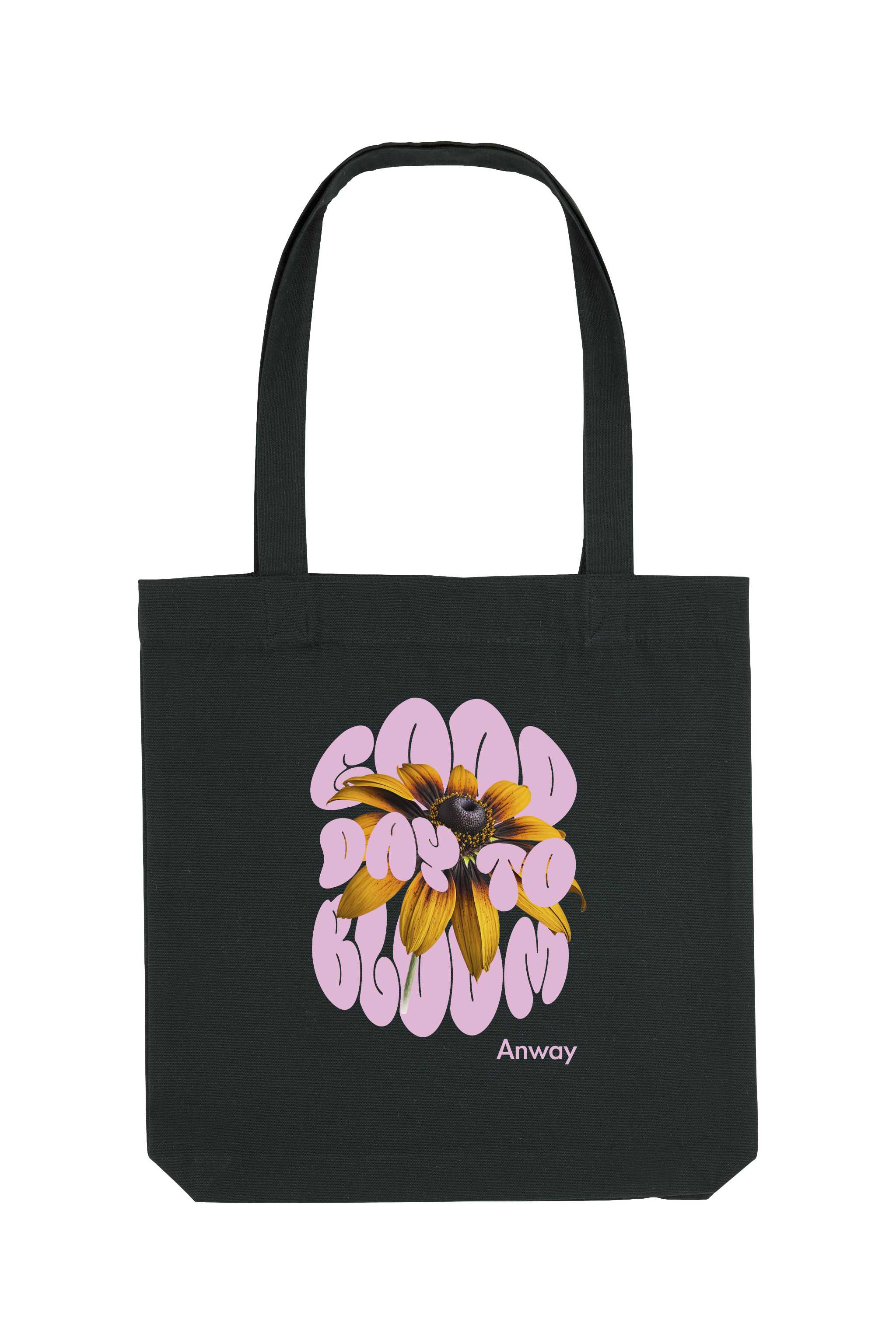 Schwarze Tote Bag mit dem rosa Schriftzug „GOOD DAY TO BLOOM“ im Retro-Stil, durchzogen von einer leuchtend gelben Sonnenblume – florales Statement-Piece mit positiver Botschaft.