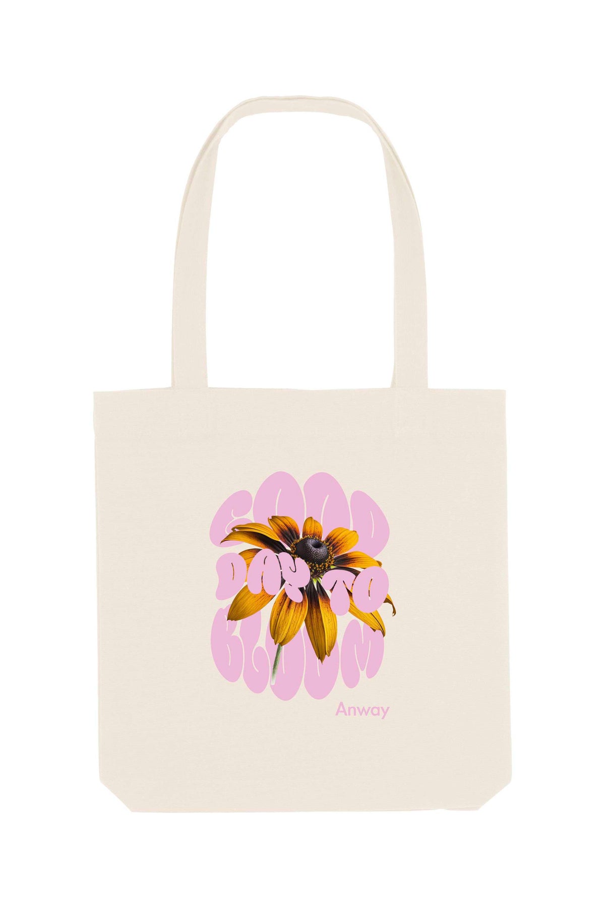Naturfarbene Tote Bag mit dem rosa Schriftzug „GOOD DAY TO BLOOM“ im Retro-Stil, durchzogen von einer leuchtend gelben Sonnenblume – florales Statement-Piece mit positiver Botschaft.