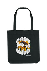 Schwarze Tote Bag mit dem weissen Schriftzug „GOOD DAY TO BLOOM“ im Retro-Stil, durchzogen von einer leuchtend gelben Sonnenblume – florales Statement-Piece mit positiver Botschaft.